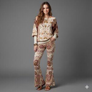 Hale Bob Womens Medium Paisley Floral Boho Dolman Sleeve Sweater Beige/Burgundy